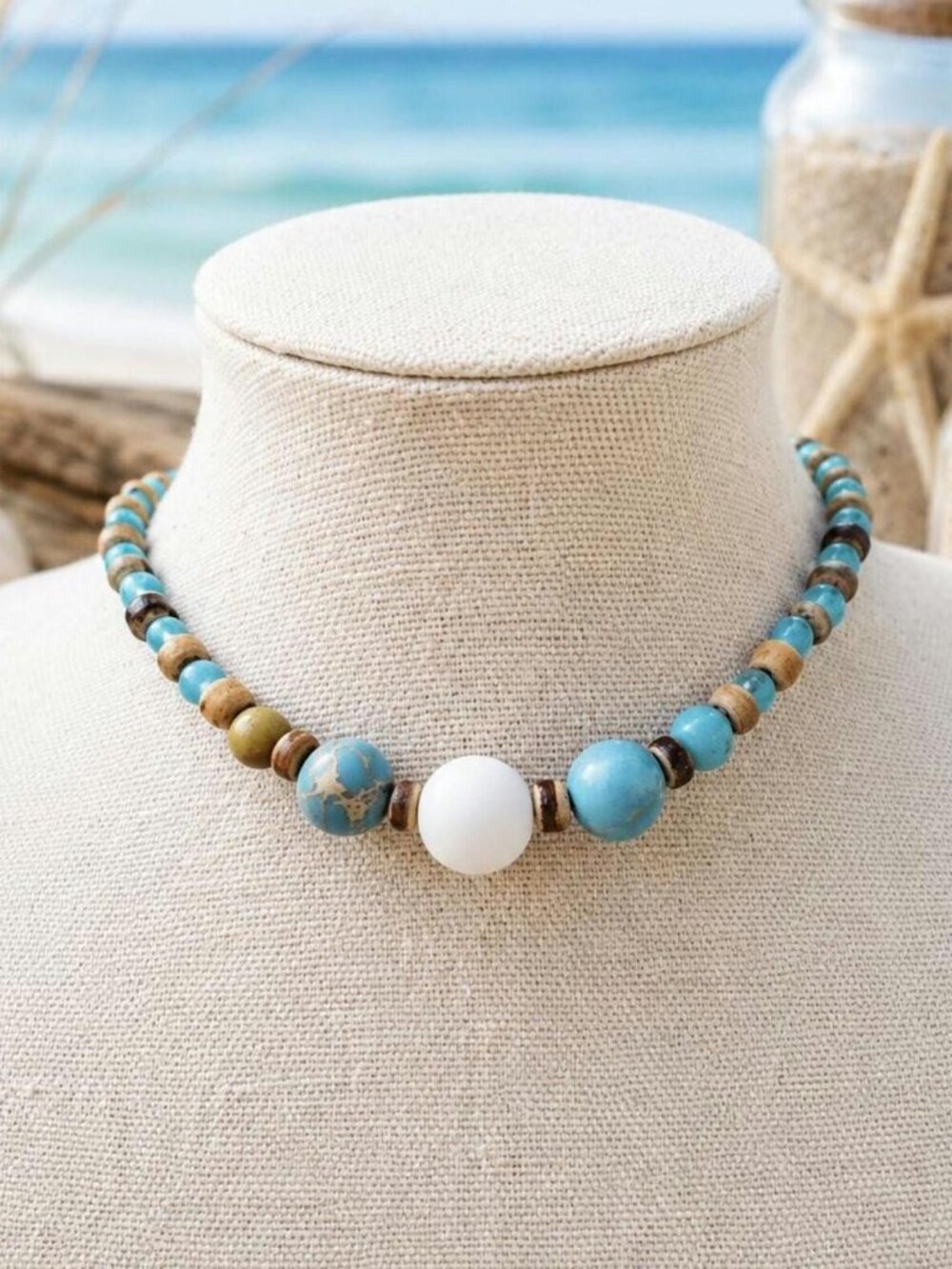 Amazonite & Heishi Beaded Choker – Beachy Surfer Necklace, Bohemian Coastal